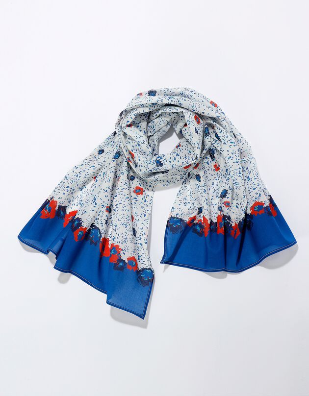 Foulard style chèche fabriqué en France imprimé coquelicots, 160 x 70 cm  - coton (écru / bleu)