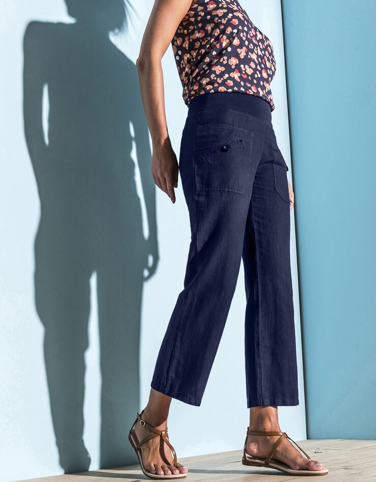 Pantalon coupe droite 7/8ème taille élastiquée, lin coton (marine)