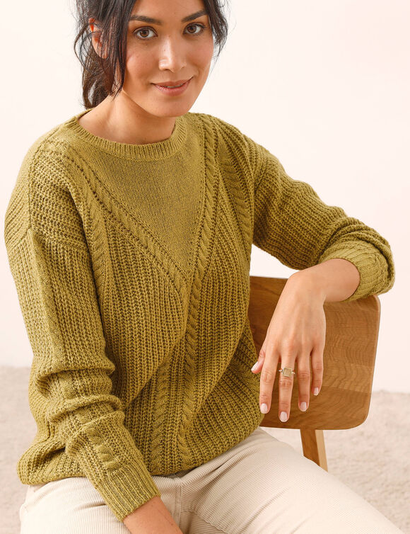 Pull torsadé, maille anglaise (vert mousse)