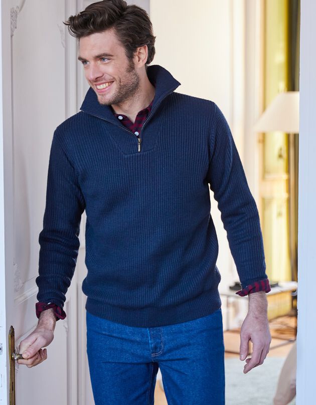 Pull col camionneur côte anglaise 30% laine (marine)