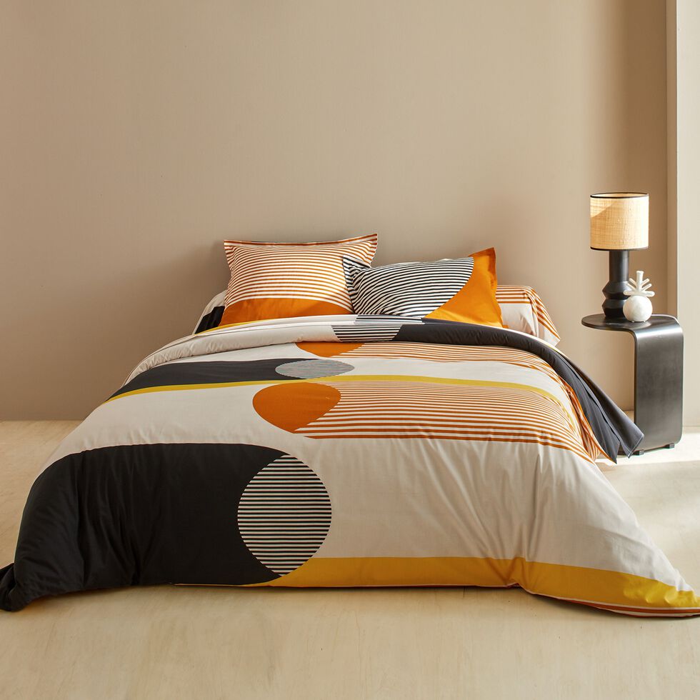 Linge de lit Nico en coton imprimé rayures style graphique, miel