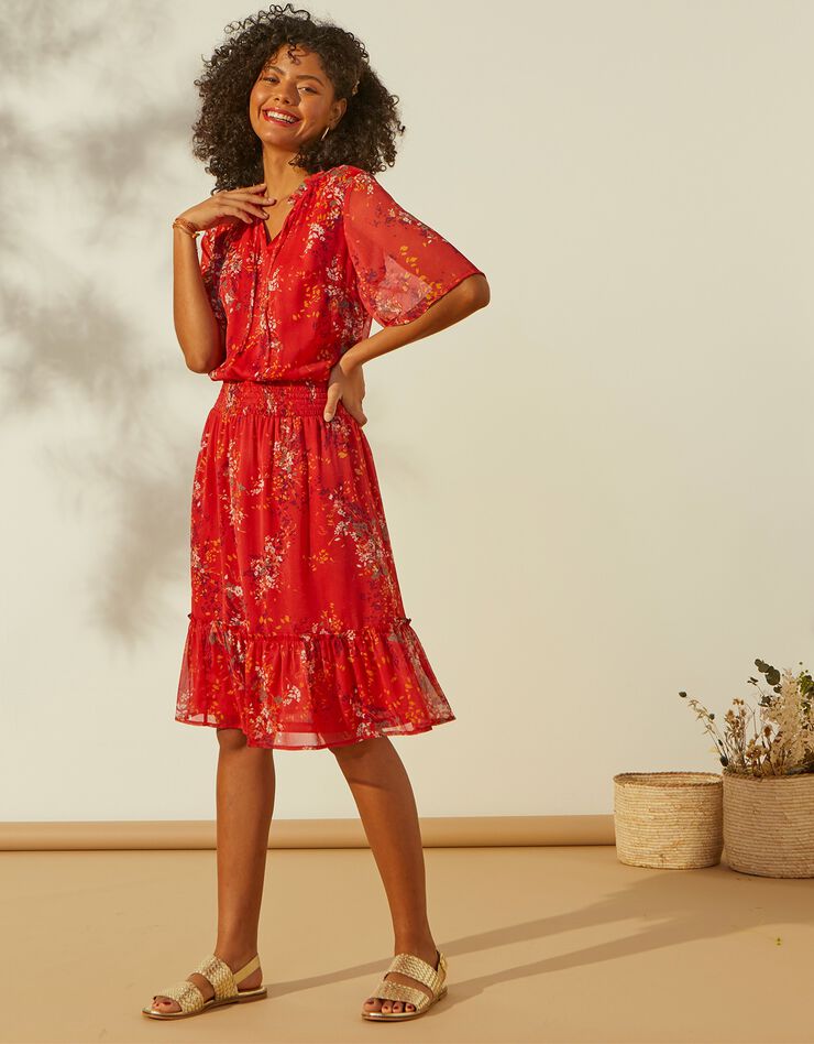 Robe volantée en voile imprimé (corail) Robe volantée en voile imprimé (corail)