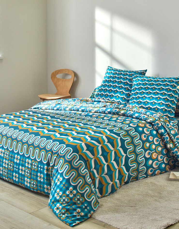 Linge de lit Irène en coton imprimé  (bleu paon)