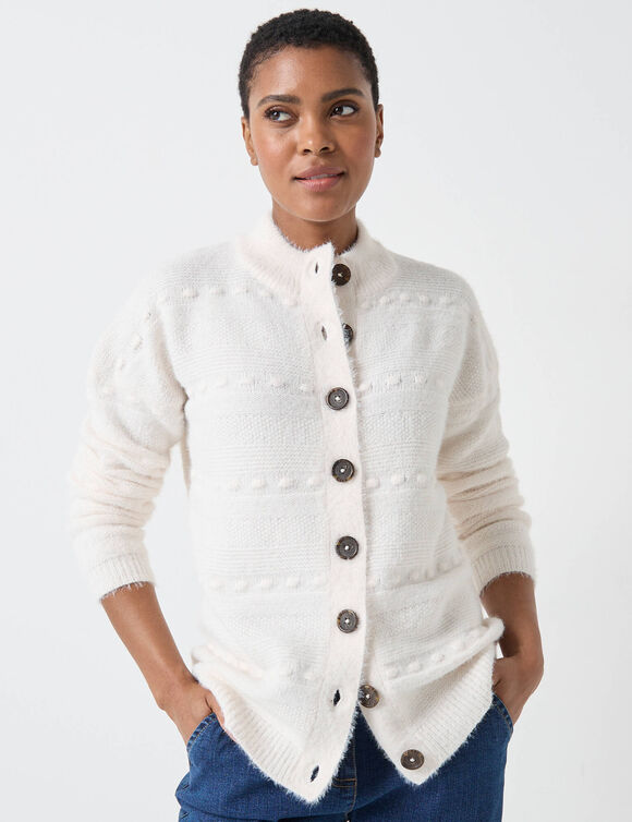 Cardigan boutonn&eacute; maille poilue fantaisie (&eacute;cru)