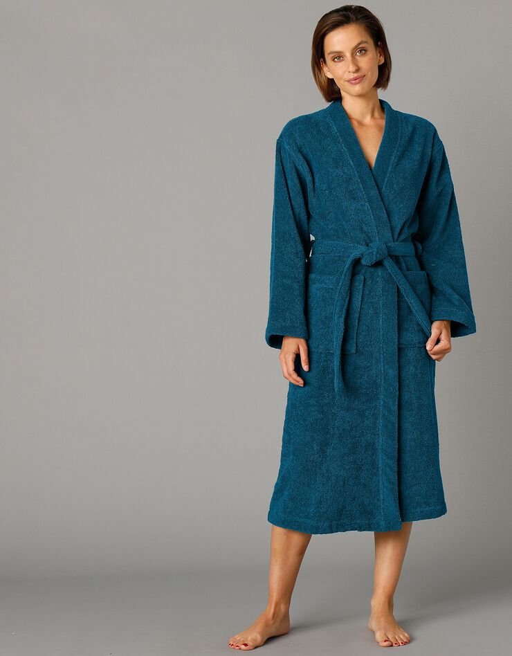 Peignoir mixte adulte col kimono éponge bouclette (bleu paon) Peignoir mixte adulte col kimono éponge bouclette (bleu paon)