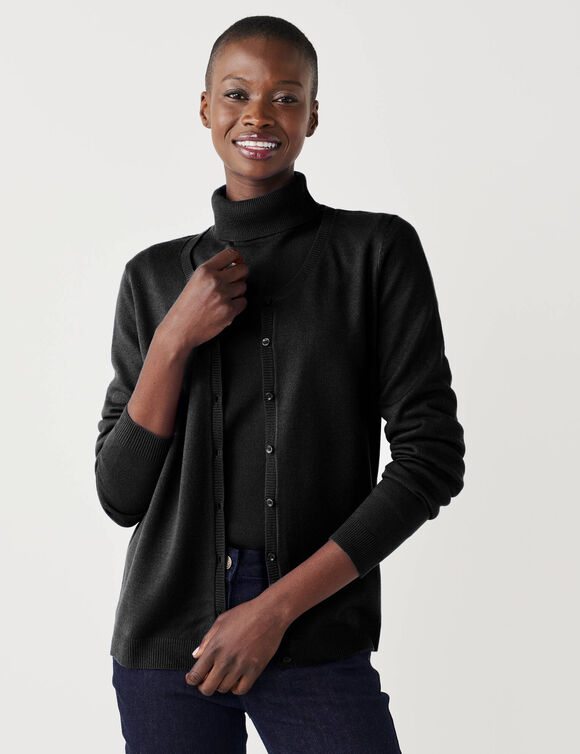 Cardigan boutonn&eacute; col rond uni, toucher doux (noir)