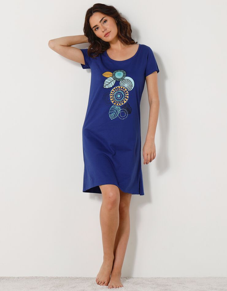 Chemise de nuit courte manches courtes motif "rosaces" (bleu dur)