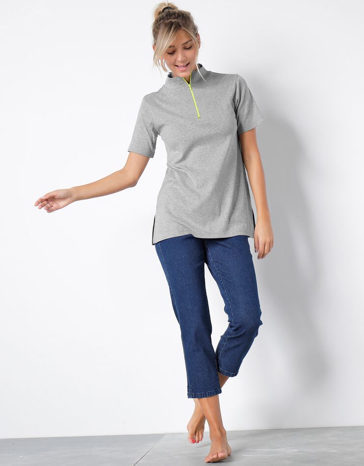 Tee-shirt coton manches courtes col zippé (gris chiné / anis) Tee-shirt coton manches courtes col zippé (gris chiné / anis)