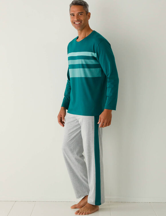 Pyjama coton rayures placées col rond (vert / gris)