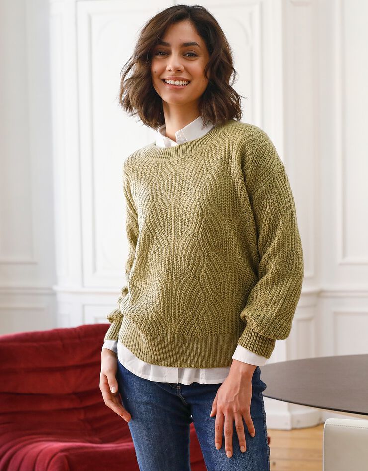 Pull maille fantaisie manches blousantes - col rond (vert mousse) Pull maille fantaisie manches blousantes - col rond (vert mousse)