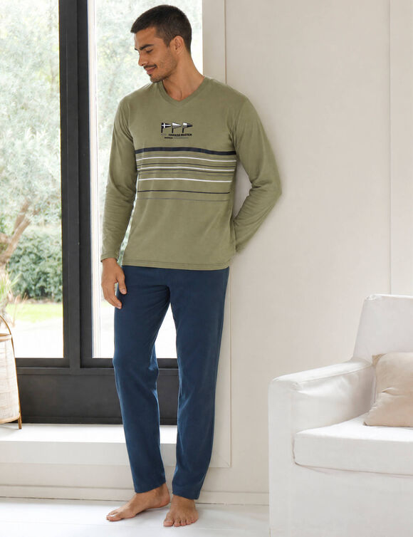 Pyjama long col V manches longues coton adouci (tilleul / marine)