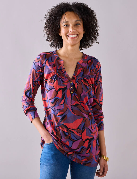 Tunique col boutonné imprimé floral (rouge / violet)