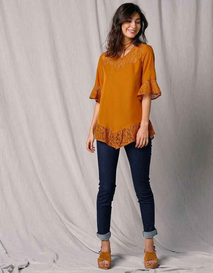 Blouse manches aux coudes dentelle et microfibre (ocre) Blouse manches aux coudes dentelle et microfibre (ocre)