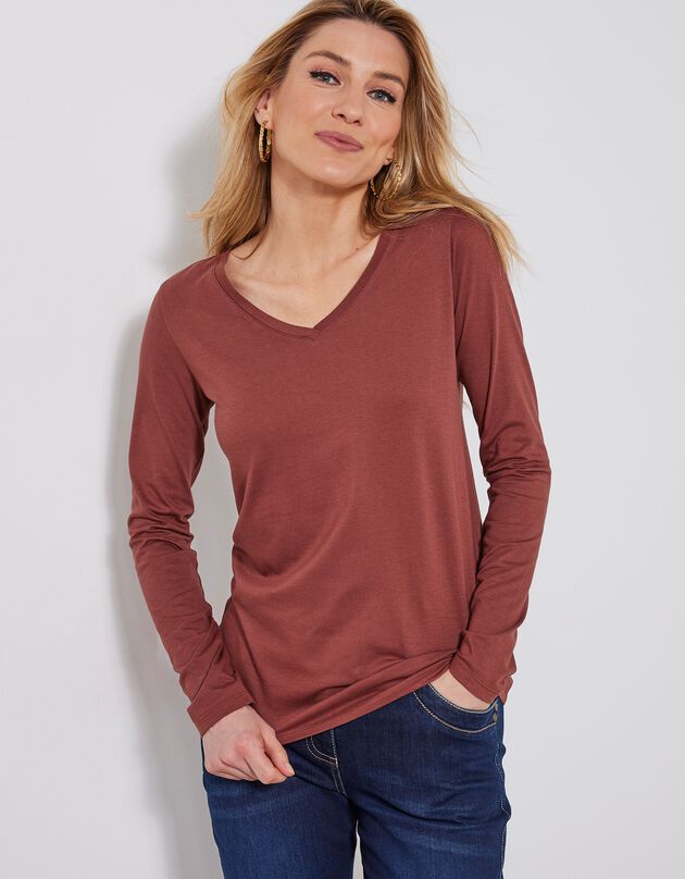 T-shirt col V manches longues (chocolat)