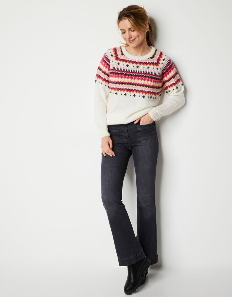 Pull col rond motif jacquard, toucher mohair (écru / rose) Pull col rond motif jacquard, toucher mohair (écru / rose)