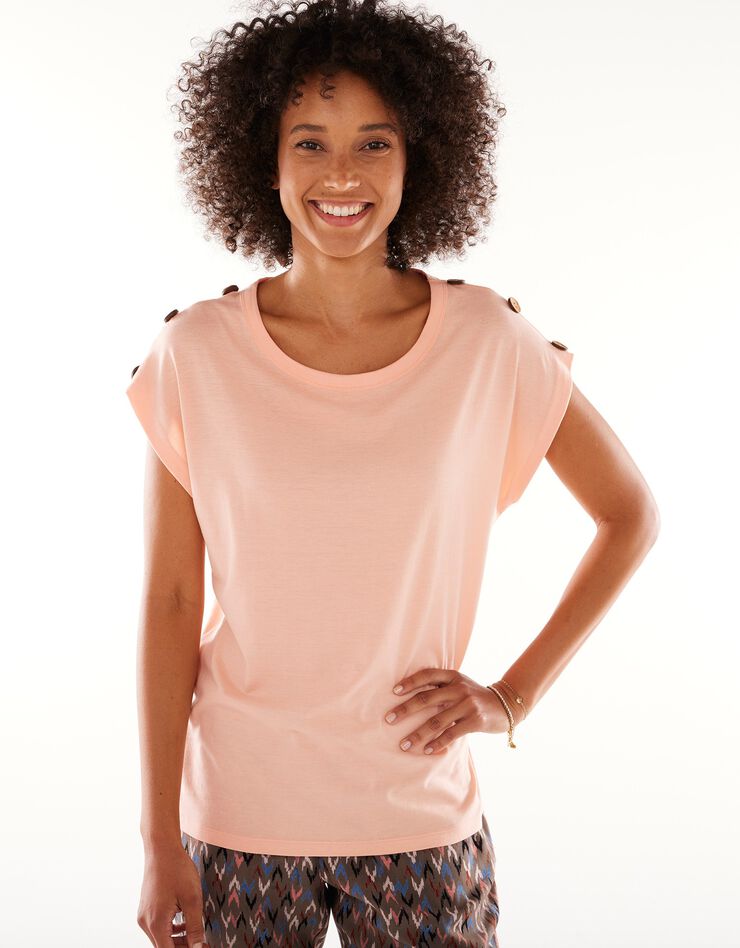 Tee-shirt uni détail boutonné maille jersey (abricot) Tee-shirt uni détail boutonné maille jersey (abricot)