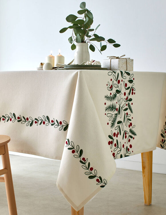 Nappe en coton, imprim&eacute; feuillage (naturel)