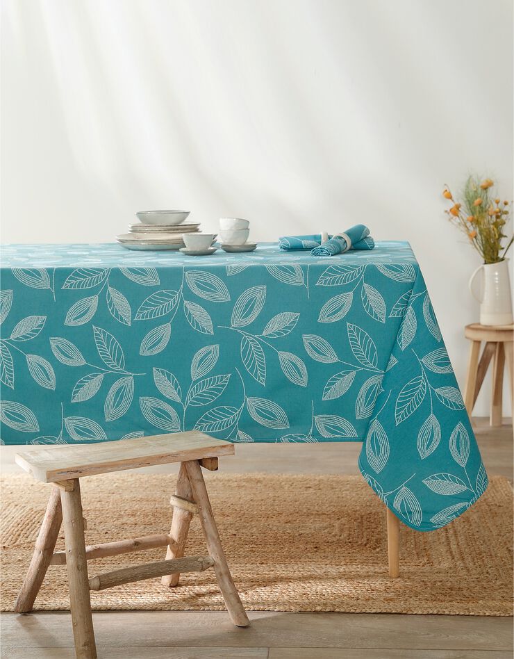 Nappe anti-taches bicolore imprimée feuilles (bleu canard) Nappe anti-taches bicolore imprimée feuilles (bleu canard)