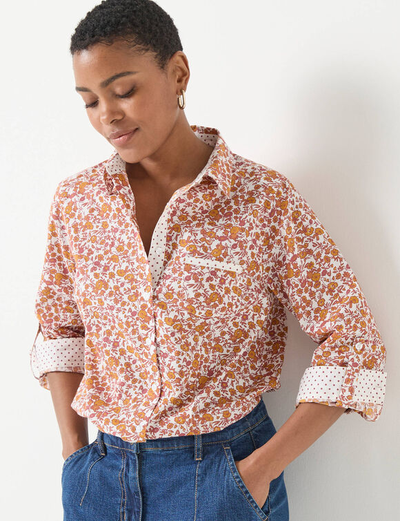 Chemisier boutonné imprimé fleuri (blanc / caramel)