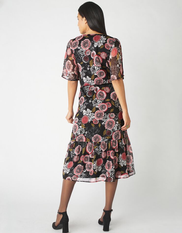 Robe cache-cœur mi-longue en voile imprimé (noir / paprika) Robe cache-cœur mi-longue en voile imprimé (noir / paprika)