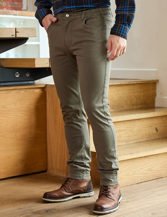 Pantalon droit 5 poches twill coton extensible (kaki)