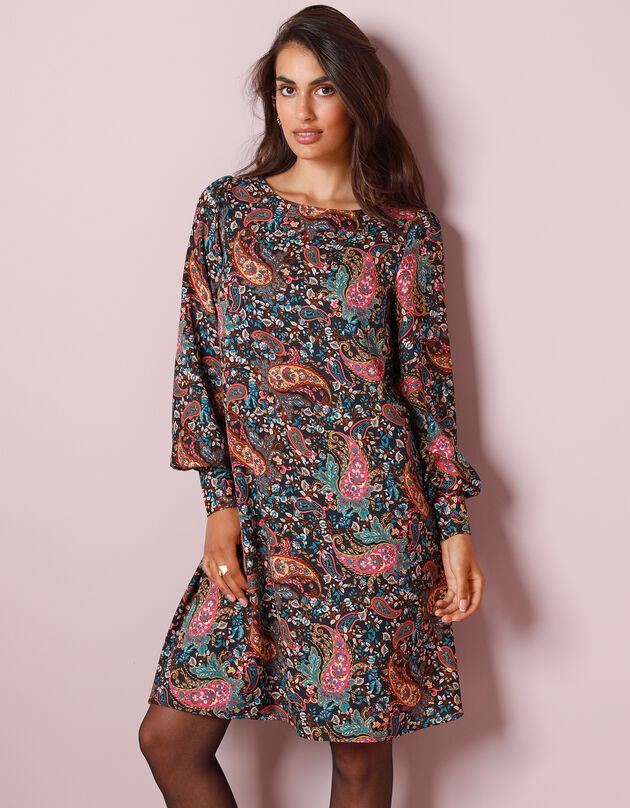 Robe housse évasée imprimée (noir / caramel)