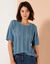 Pull festonné col rond manches coudes, maille ajourée fantaisie (bleu jean)