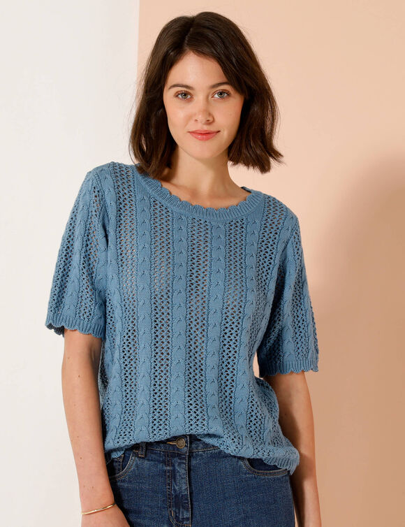 Pull festonné col rond manches coudes, maille ajourée fantaisie (bleu jean)