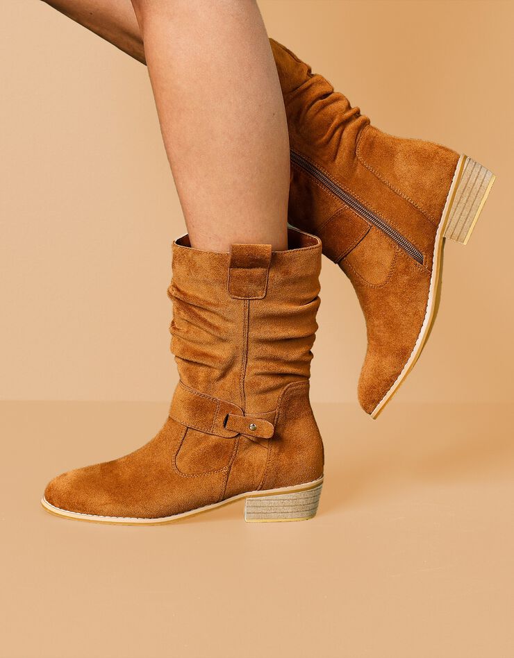 Bottes mi-hautes plissées à petit talon effet bois (caramel)