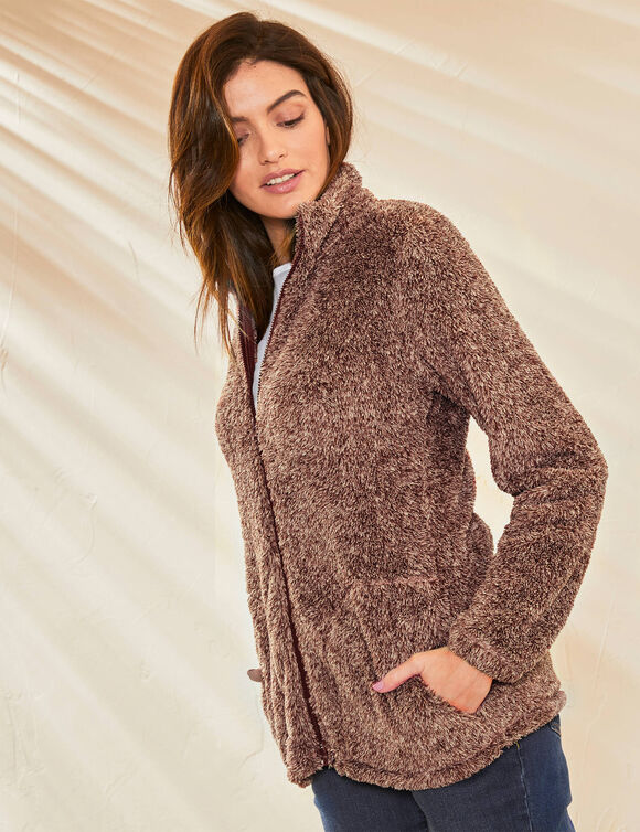 Veste zippée, maille peluche (taupe chiné)