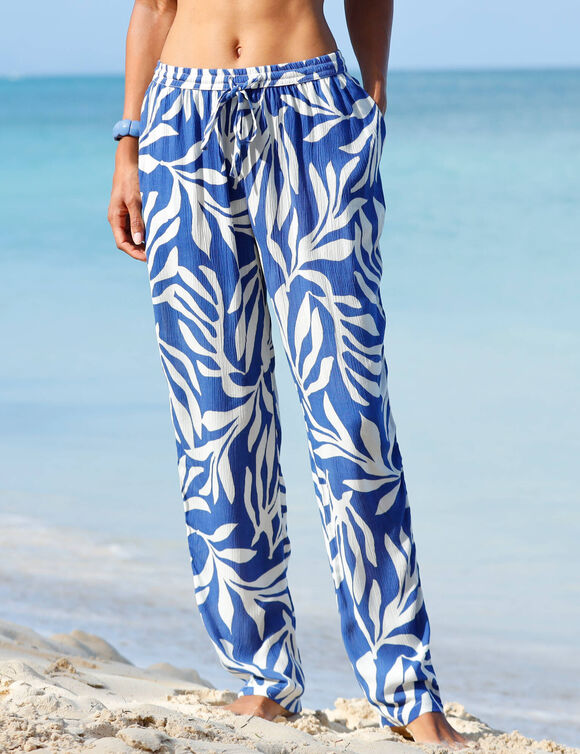 Pantalon droit imprimé, crépon fluide (bleu / écru)