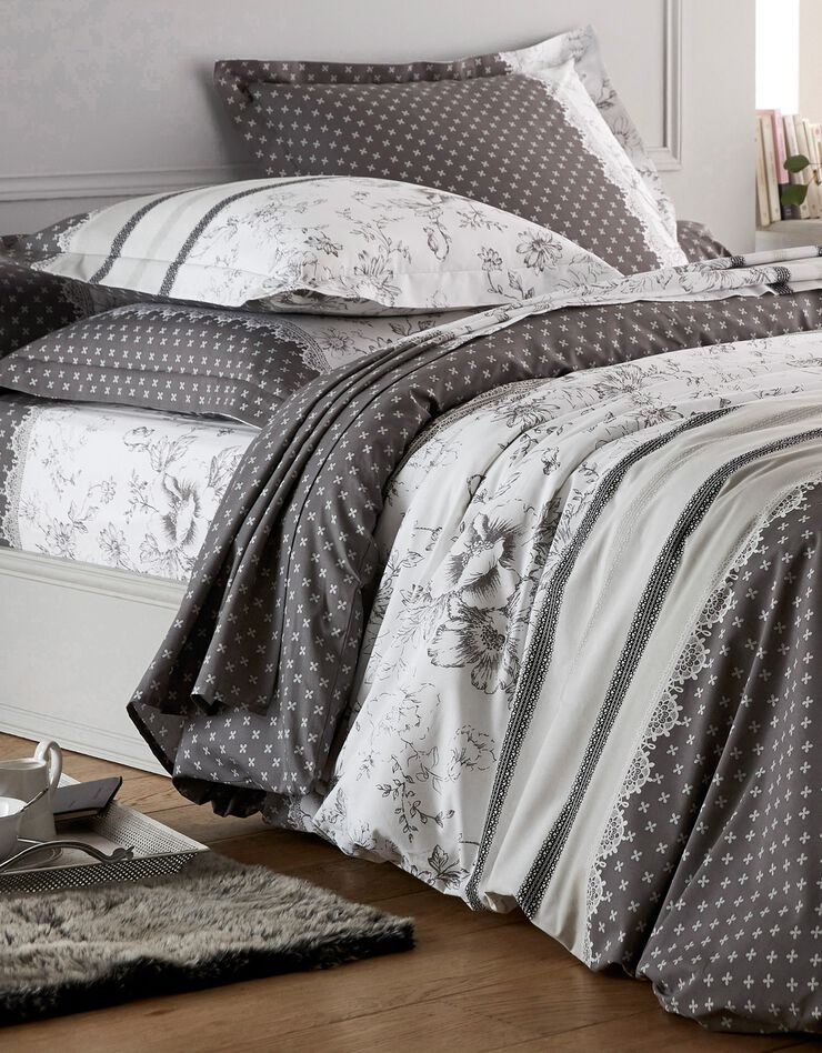 Linge de lit Gabrielle en flanelle imprimé fleurs et dentelle (gris)