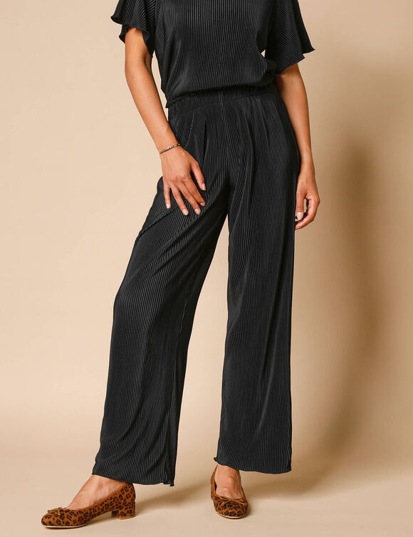 Pantalon large uni, maille plissée (noir)