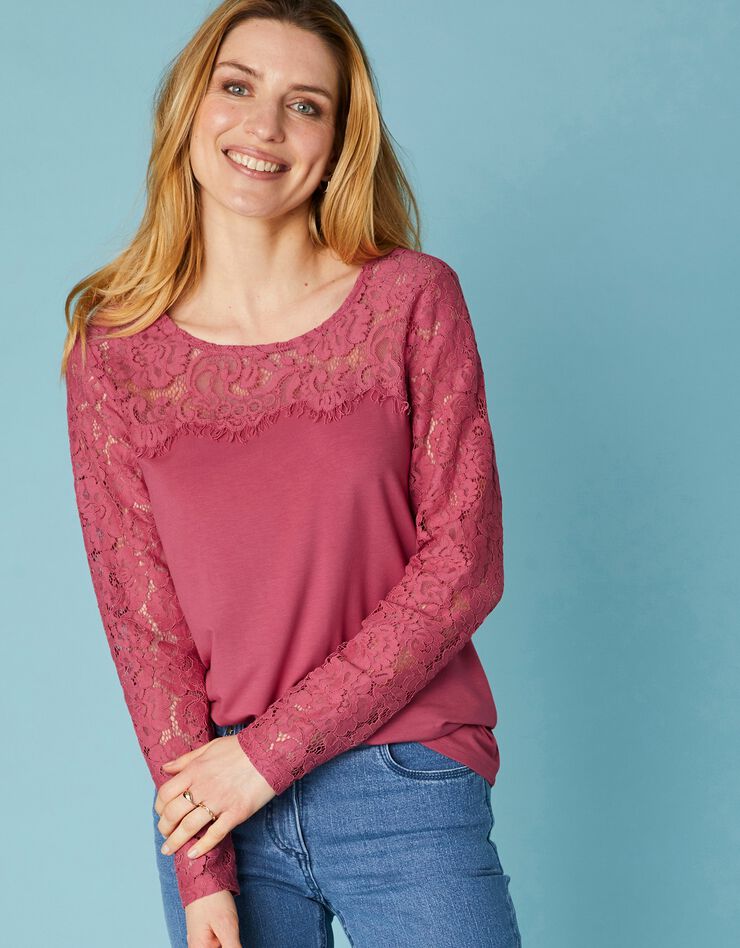Tee-shirt col rond manches longues, dentelle jersey (bois de rose) Tee-shirt col rond manches longues, dentelle jersey (bois de rose)