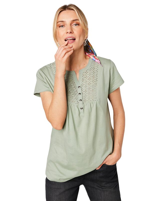 Tee-shirt boutonné broderie anglaise (vert grisé)