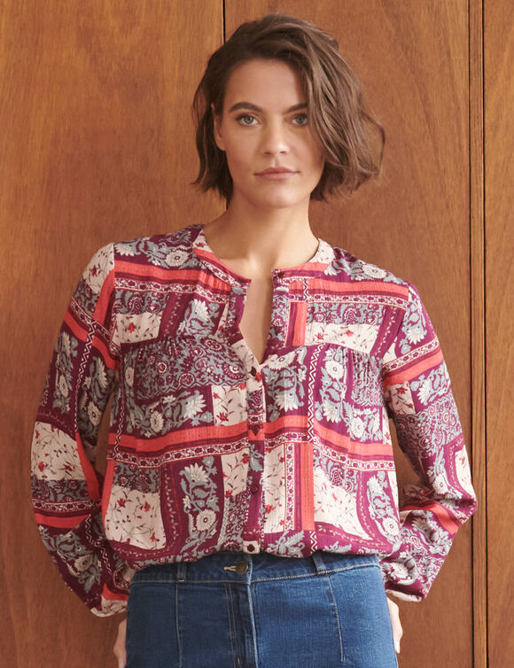 Chemisier col mao, cr&eacute;pon imprim&eacute; patchwork (prune / beige)