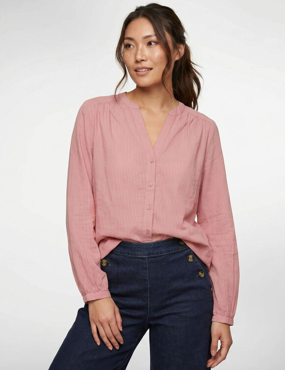 Chemisier boutonn&eacute; col mao uni, coton dobby (rose)