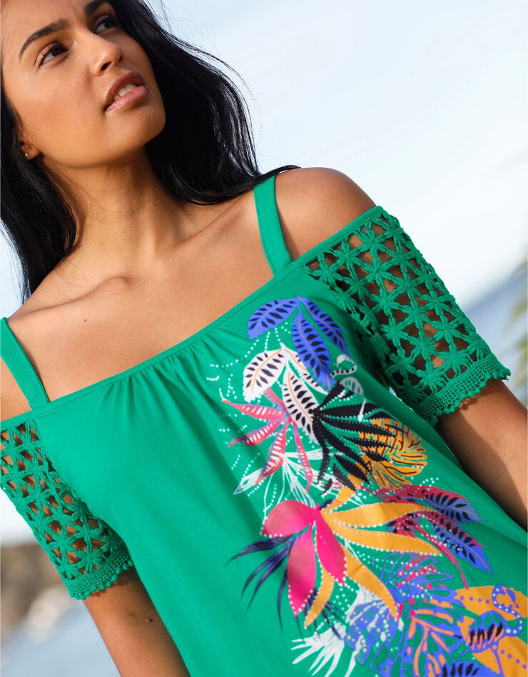 Tee-shirt imprimé épaules dénudées (vert) Tee-shirt imprimé épaules dénudées (vert)
