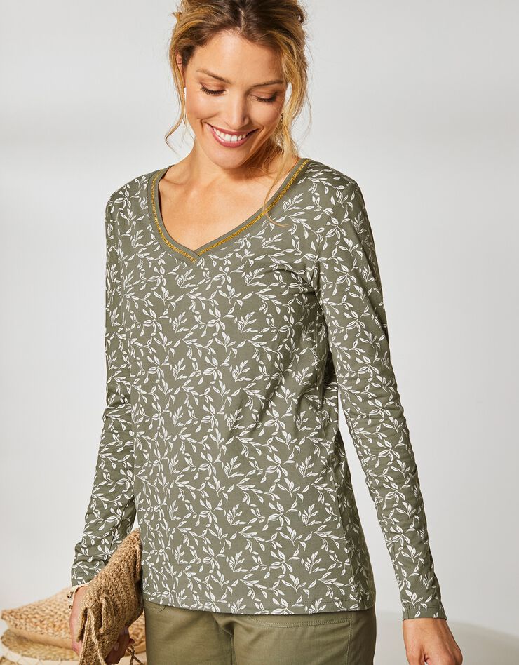Tee-shirt manches longues, imprimé feuillage (kaki clair) Tee-shirt manches longues, imprimé feuillage (kaki clair)