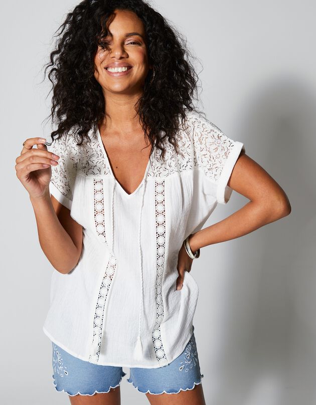 Tunique macramé crépon coton (blanc cassé)