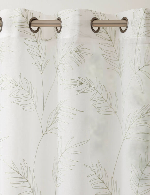 Panneau voilage brodé grandes feuilles - finition oeillets (amande)