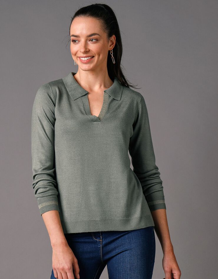 Pull col polo détails brillants, toucher cachemire (kaki) Pull col polo détails brillants, toucher cachemire (kaki)