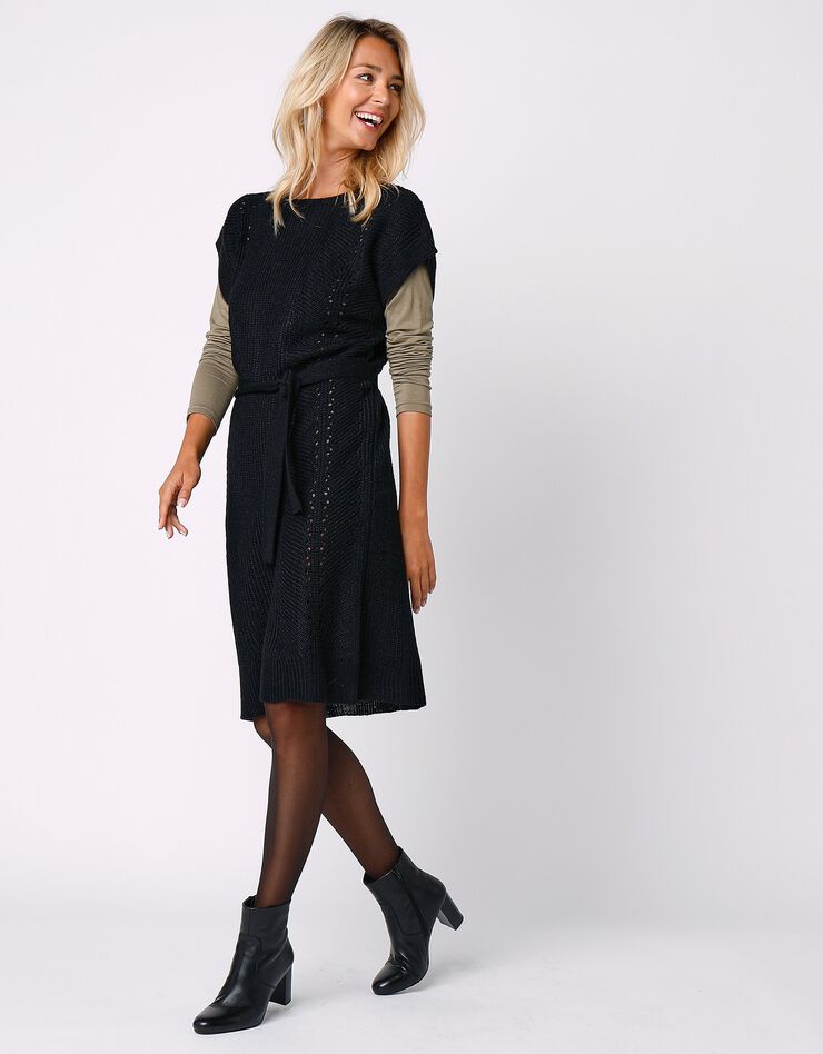 Robe manches courtes ceinturée - toucher mohair (noir) Robe manches courtes ceinturée - toucher mohair (noir)