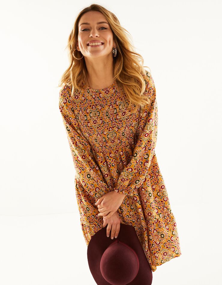 Robe smockée manches longues imprimé fleuri (miel / bronze)