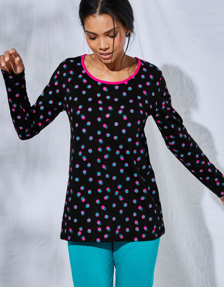 Tee-shirt manches longues coton Enjoy imprimé pois (noir / fuchsia)