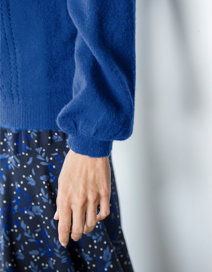 Pull ajouré col tunisien boutonné (bleu) Pull ajouré col tunisien boutonné (bleu)