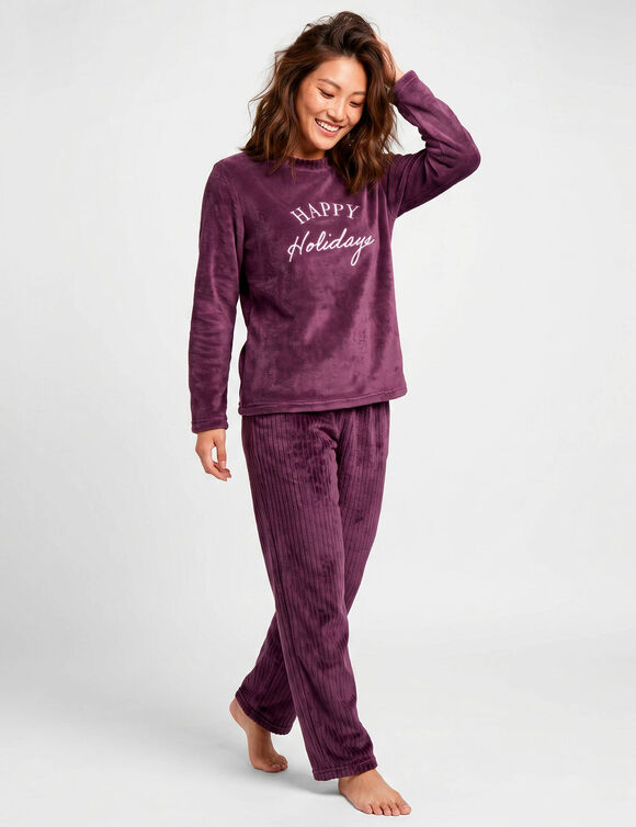 Pyjama pantalon polaire, haut brod&eacute;, avec masque de nuit (prune)