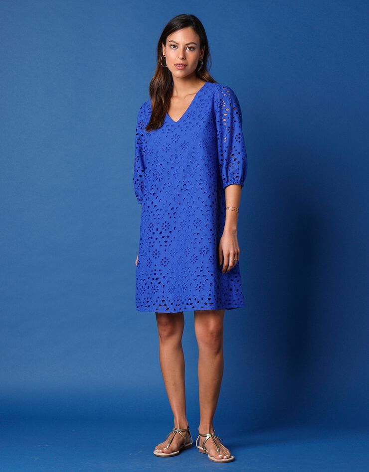 Robe broderie anglaise manches 3/4 (bleu)