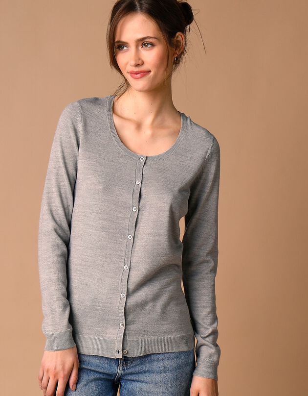 Cardigan boutonné col rond uni toucher cachemire (gris chiné) Cardigan boutonné col rond uni toucher cachemire (gris chiné)