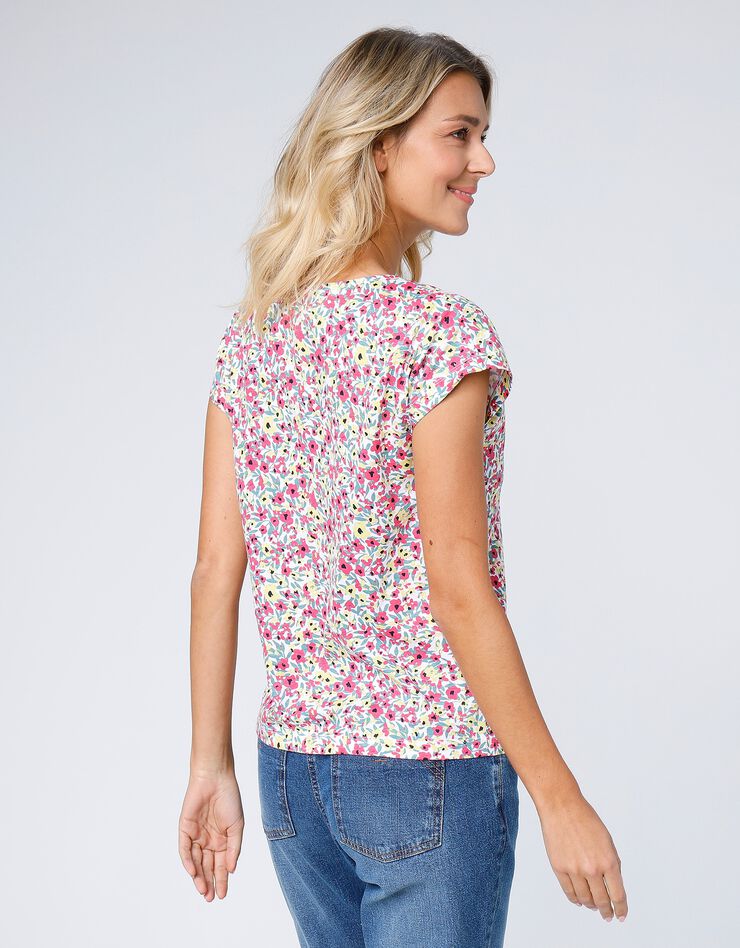 Tee-shirt col V boutonné imprimé fleuri, spécial petites (rouge / vert) Tee-shirt col V boutonné imprimé fleuri, spécial petites (rouge / vert)